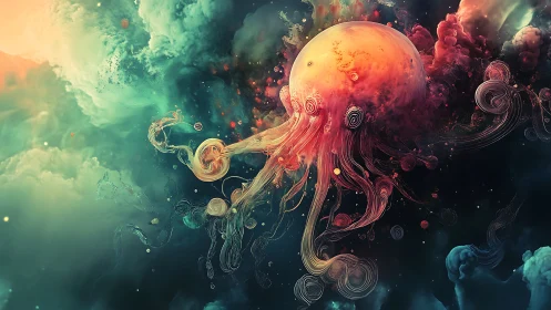 Nebula jellyfish drifting through swirling cosmic clouds.