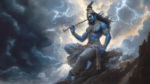 Serene blue deity resting above stormlit mountain clouds.