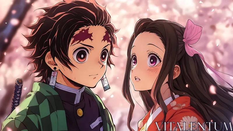 Anime siblings gaze under drifting spring cherry blossoms.