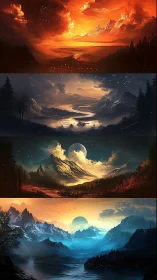 Quadruple alien skylines over luminous mountain realms.