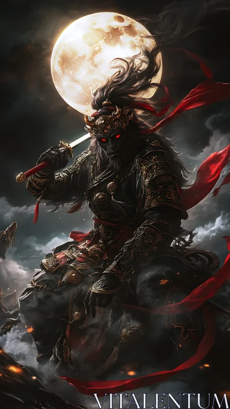 Mythic demon warrior under lunar backlight in storm clouds.