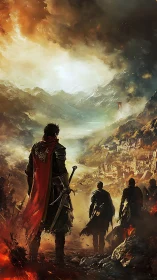 Armored warband overlooking burning valley citadel at dusk