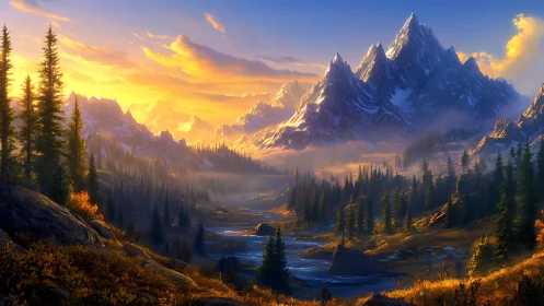 Sunlit alpine valley unfolds beneath jagged snowy peaks.