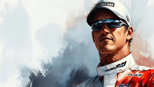Confident race driver portrait in bold digital brushstrokes.