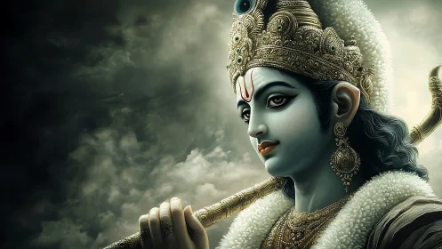 Divine blue-skinned deity portrait in ornate digital painting.