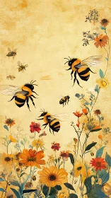 Busy garden bees drift gently above glowing wildflowers