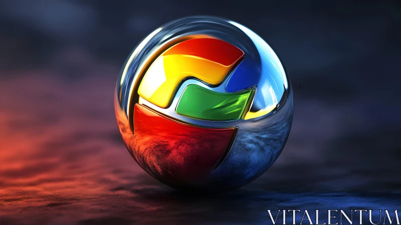 Shiny Chrome Sphere with Colorful Abstract Logo, Digital Art.