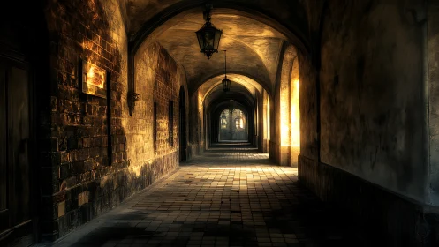 Golden light gently fills a quiet, timeworn stone arcade