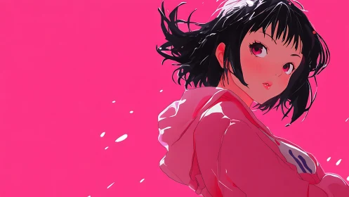 Vibrant anime portrait in minimalist pink negative space design.