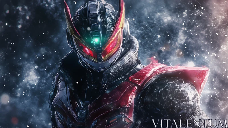 Cybernetic warrior in red armor under swirling snowfall.