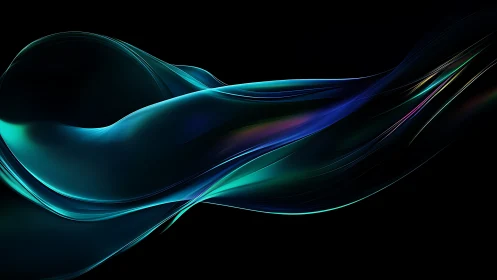 Iridescent teal light ribbon curves across deep black field