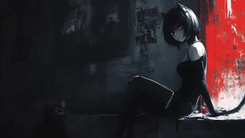 Midnight alley catgirl resting beside a loyal shadow cat.