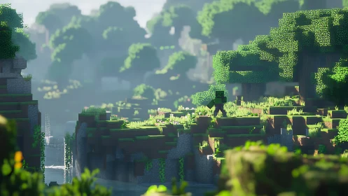 Verdant Voxel Realm: Pixelated Fantasy Landscape.