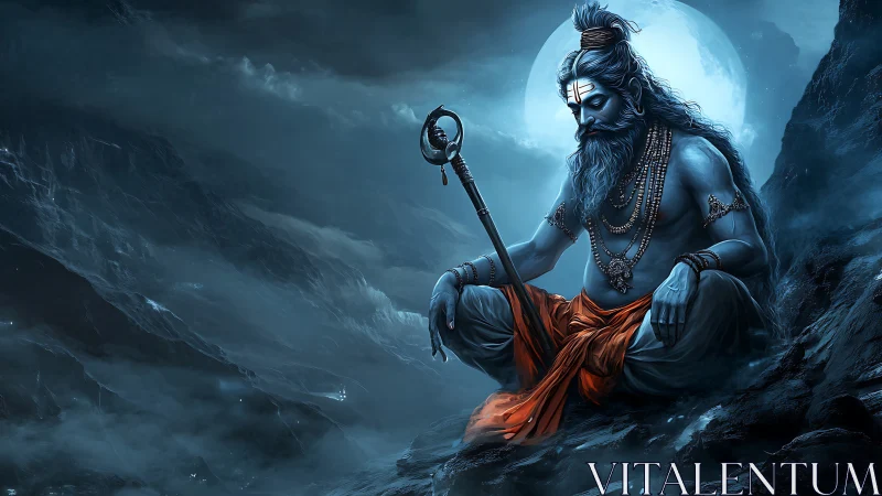 Moonlit sage of the storming peaks in silent sapphire trance.