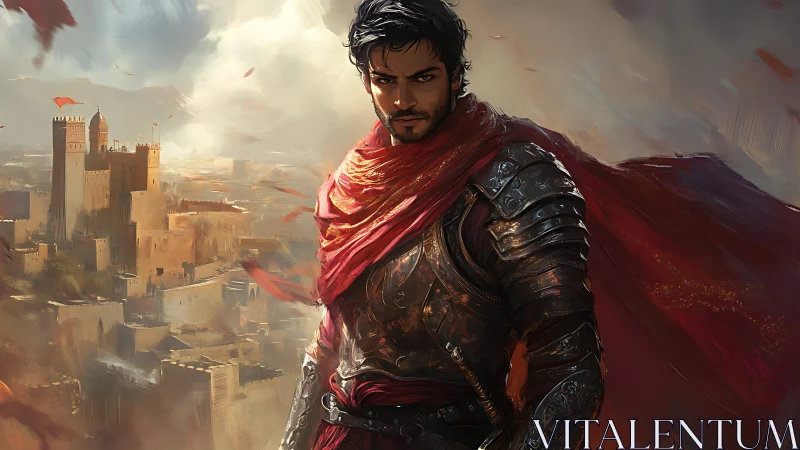 Storm-Scarred Warlord Guards a Sunlit Desert Citadel.