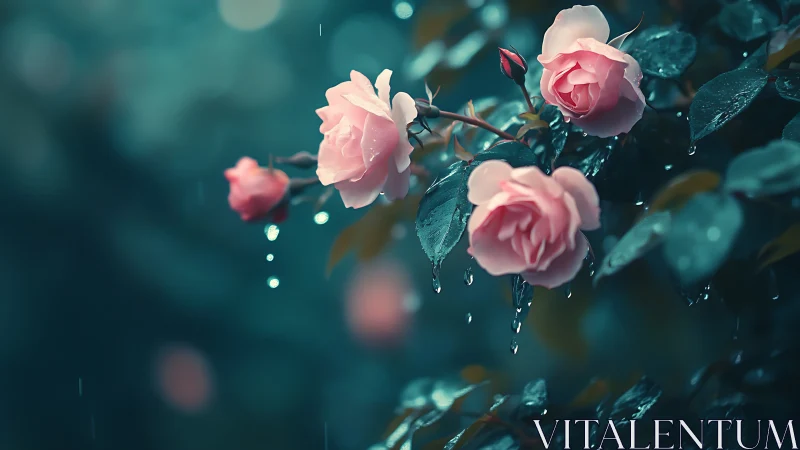 Pink roses with water droplets on teal background.