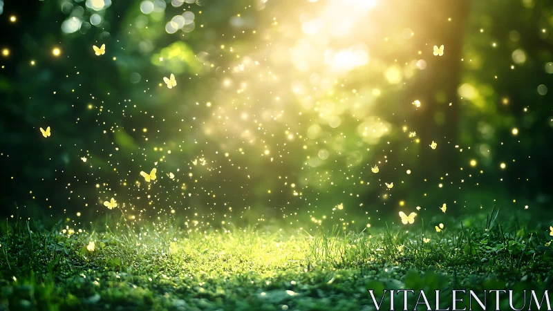 Glowing butterflies rise from sunlit forest clearing.