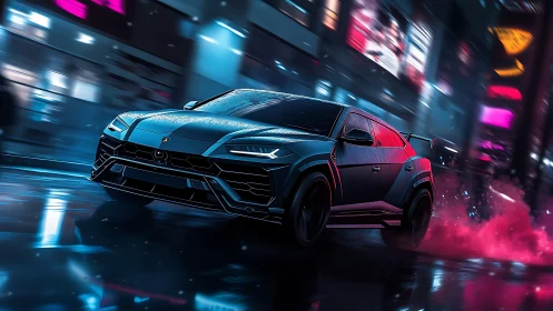 Lamborghini SUV powers through neon soaked cyberpunk streets.