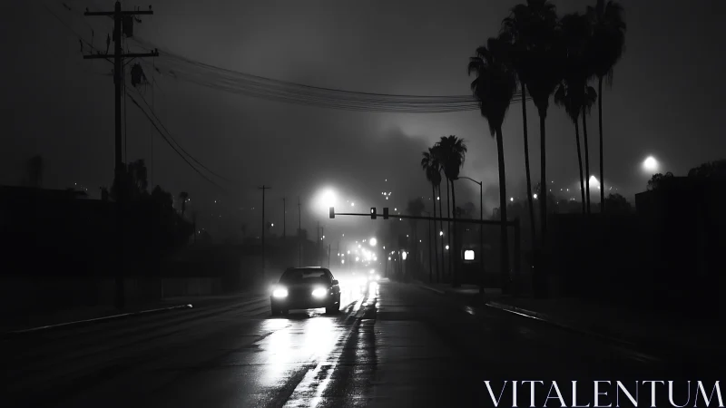 Car drives down wet city street at night in heavy fog