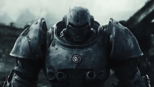 Heavily armored exosuit sentinel in weathered battle configuration.