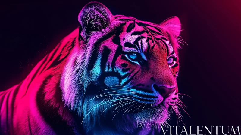 Neon lit tiger portrait glows under vivid magenta cyan light