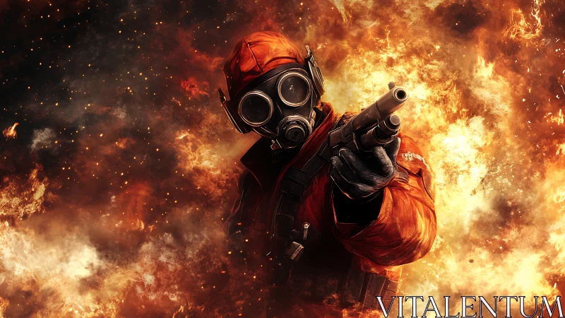 Armed Figure in Gas Mask Against Fiery Background