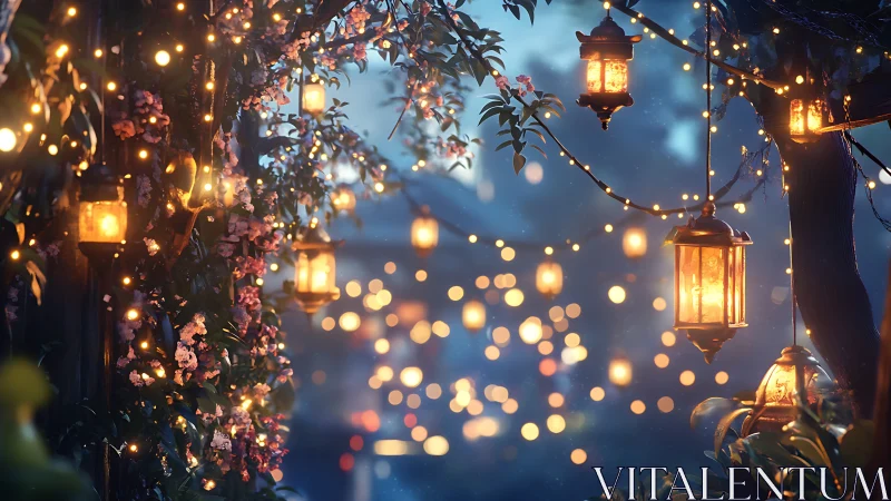 Hanging lanterns among foliage and string lights at dusk.
