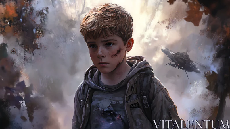 Young boy in worn clothing before distant aircraft in mist.