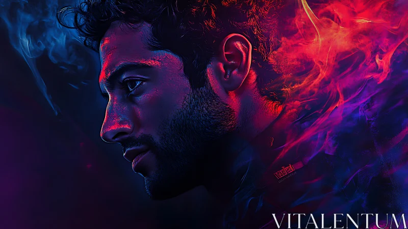 Vibrant neon portrait glows with swirling red and violet light