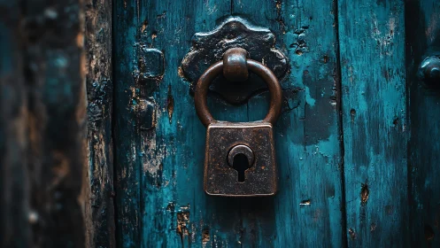Weathered teal door welcomes a timeworn brass padlock’s hush