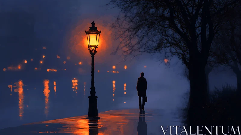 Solitary figure under glowing lamppost beside misty river.