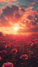 Sunset light pours over dense poppy field in warm haze