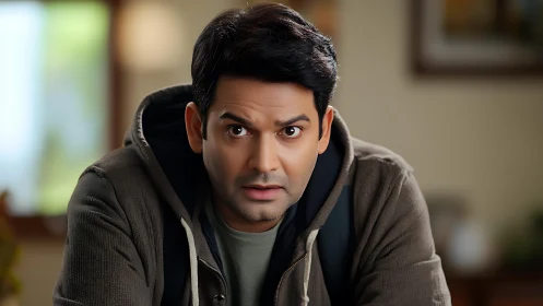 Curious young man caught in a moment of surprise at home.