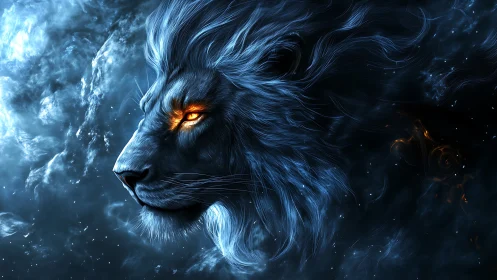 Celestial blue lion profile with glowing ember eye.
