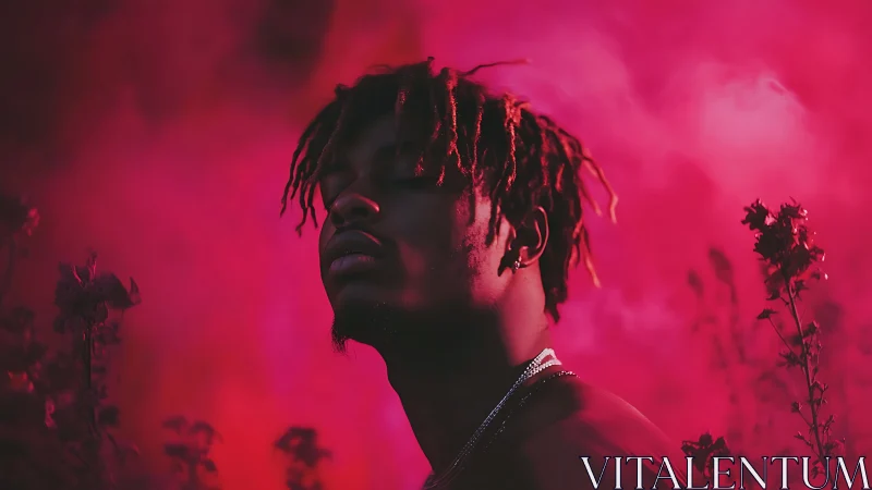 Dreamy neon portrait bathed in lush pink twilight glow.