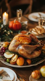 Golden roast turkey with autumnal garnish under warm candlelight