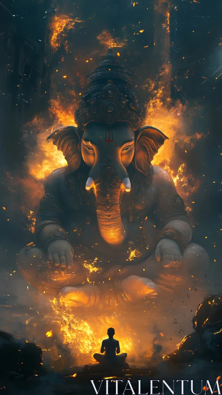 Blazing Ganesha guardian watches a lone seeker in ember-lit hush.