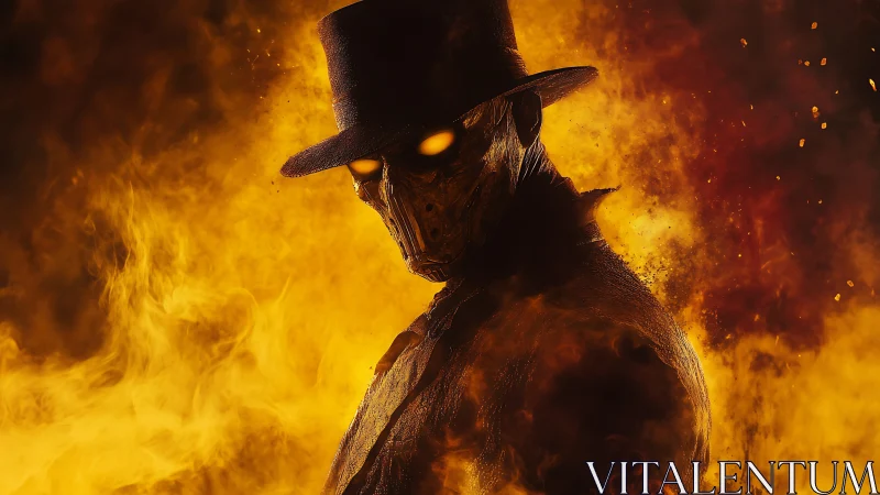 Masked humanoid figure in flames with glowing eyes and hat.