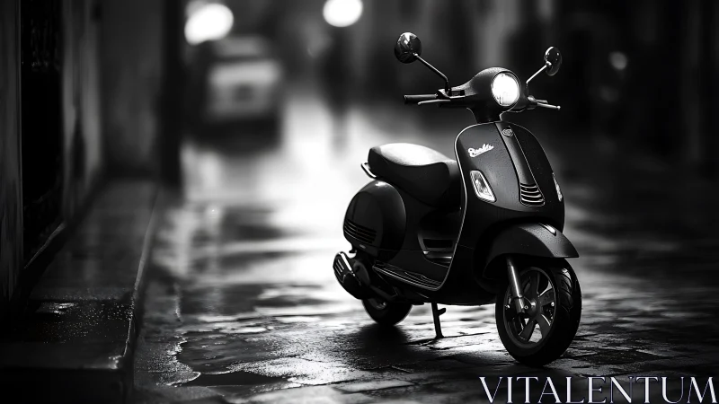 Black scooter parked on wet cobblestone street at night.