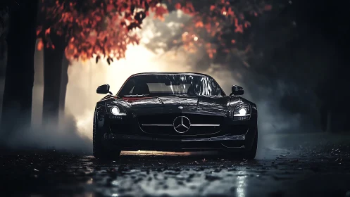 Midnight Mercedes prowls a fog-laced autumn forest road.