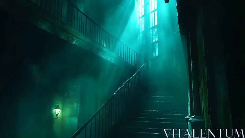 Staircase ascends toward tall backlit windows in teal haze
