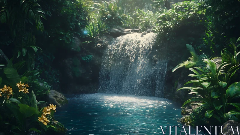 Digital rendering depicts small waterfall in dense foliage