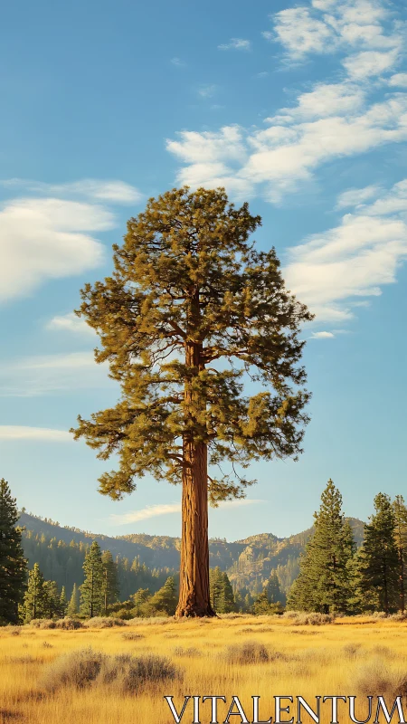 Majestic lone pine rises calmly above a golden mountain meadow