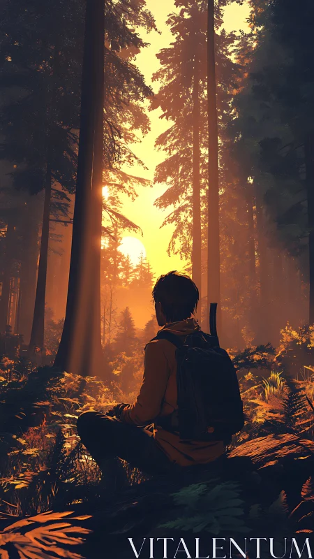 Hiker rests in sunlit forest clearing at golden hour.