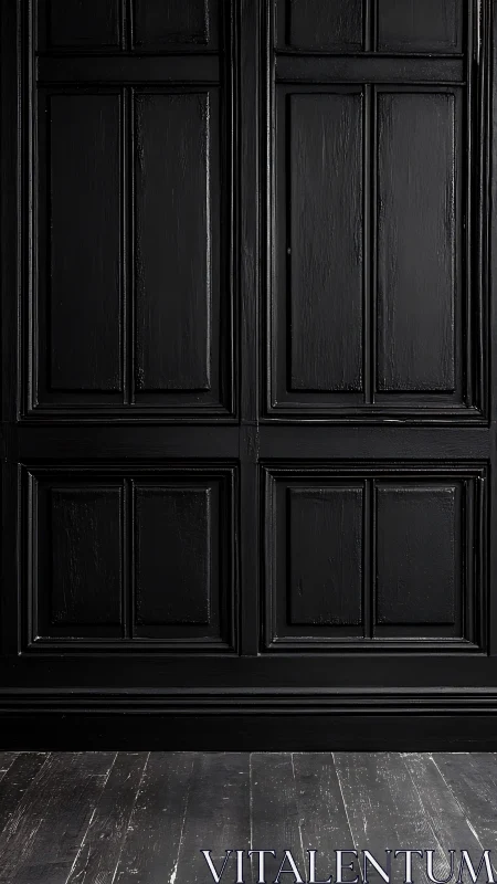 Black paneled wall with dark wooden floor in empty room.
