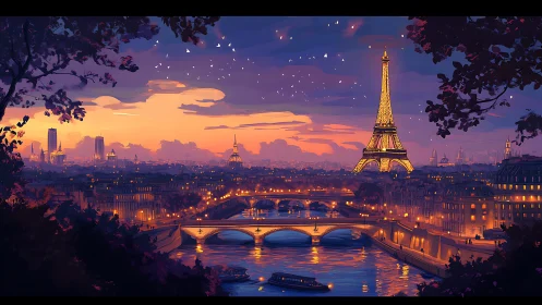 Golden Parisian evening glows softly over the calm Seine