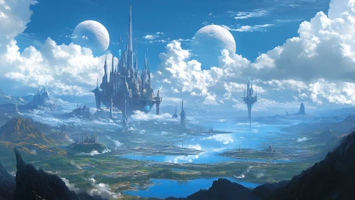 Digital painting of celestial sky citadel over twin moons.