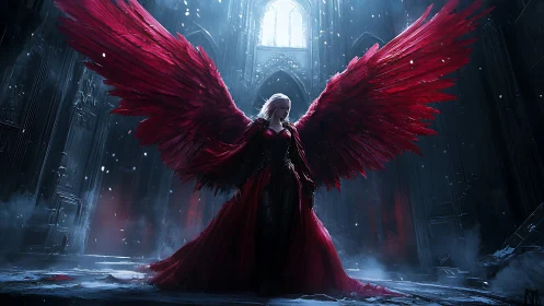Digital painting of crimson-winged angel in ruined cathedral.