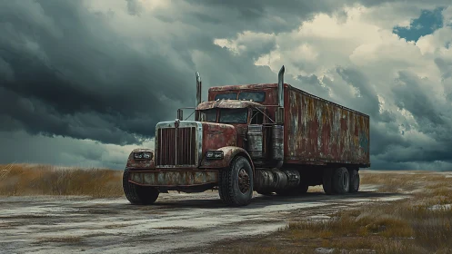 Heavily weathered semi-truck trailer stands on desolate dirt road