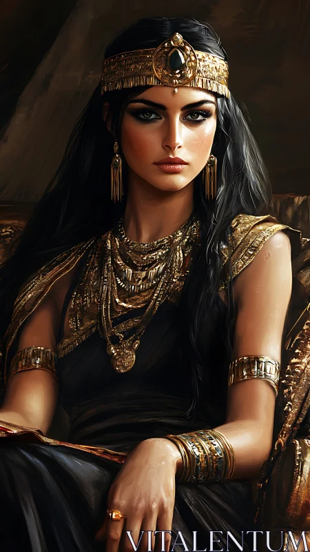 Regal desert queen draped in molten gold and midnight gazes.